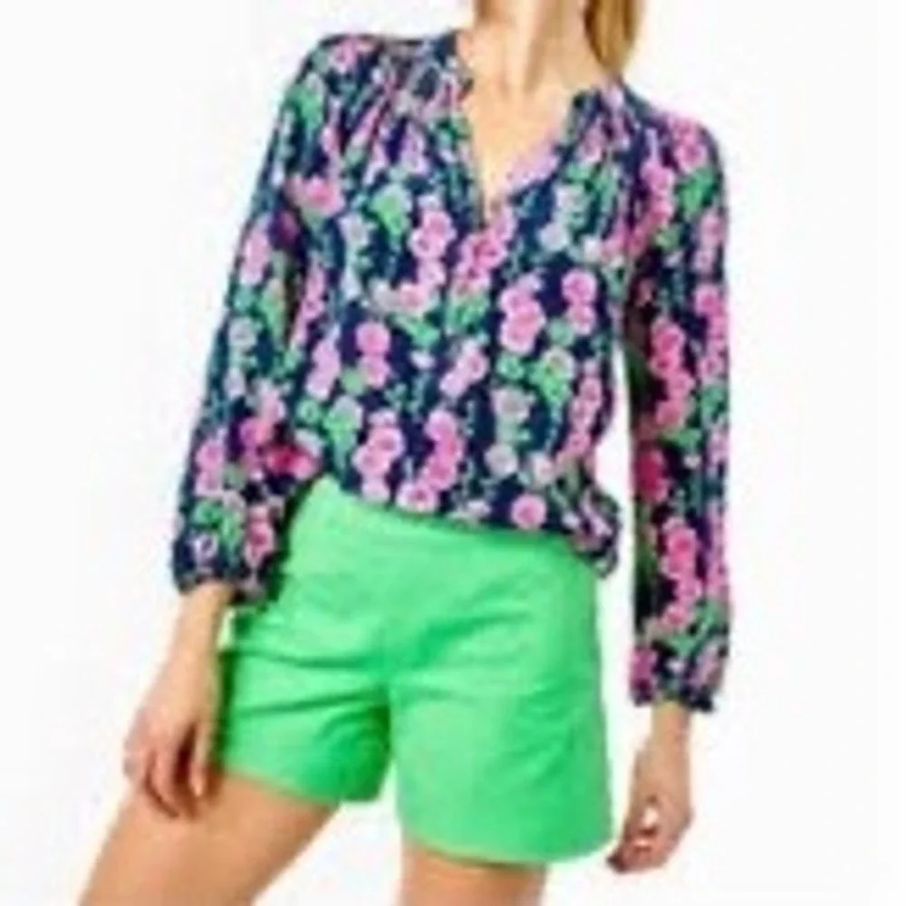 Lilly Pulitzer Women's Elsa Top 100% Silk Blouse Oyster Bay Navy Devine XL